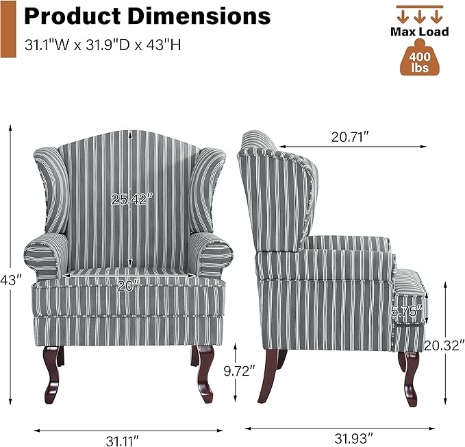 High Back Accent Chairs Set of 2 Comfy Upholstered Fabric Armchair for Living Room Mid Century Modern Club Accent Chair with Solid Wood Legs Single Sofa Reading Chair for Bedroom Gray Stripe