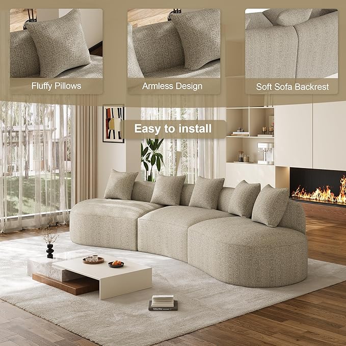 134 Oversized Sectional Sofa for Living Room Modern Luxury Plush Chenille 4-Seater Extra Deep &amp Wide Seat Curved Cloud Couch with 5 Throw Pillows No Assembly Needed Light Brown