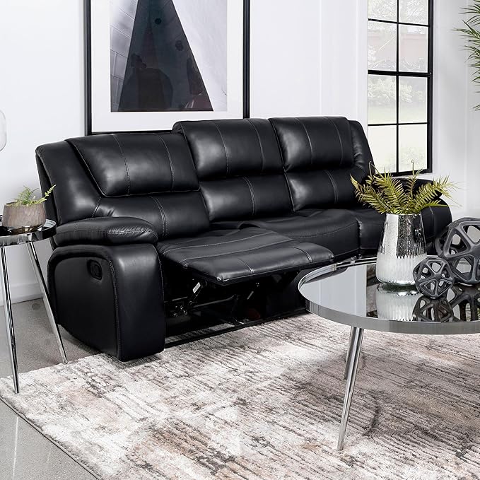 Coaster Home Furnishings - Camila - Fabric - Upholstered Motion Reclining Sofa with Pillow Armrests Channel Tufted Cushions and Wall-Hugger Design - Living Room - 30-Inch - Black - 610244