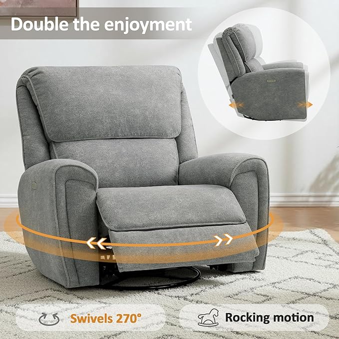 MCombo Power Swivel Rocker Recliner Chair Oversized Power Recliner Chair for Big and Tall People 400lbs Heavy Duty Recliners USB Charge Ports for Living Room Office Fabric OE678 (Light Grey)