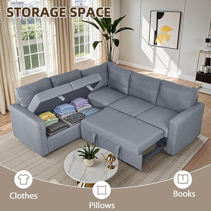 Pull Out Sleeper Sofa Sectional Couches for Living Room 5-Seater Pull Out Couch with Storage Convertible Sofa Bed for Small Space Guest Room Apartment Gray