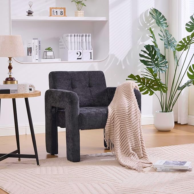 Neftis 26 W x 27 L Accent Chair for Living Room Black Modern Minimalist Armchair with Chenille Fabric High-Density Foam Wide Comfy Leisure Armchair for Bedroom/Office/Apartment