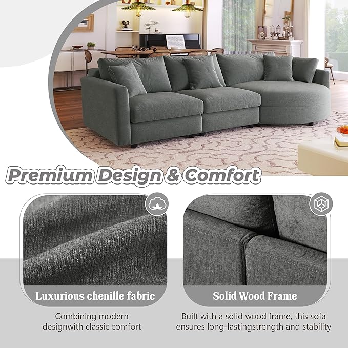 ERYE L-Shaped Right Facing Sectional Sofa Oversized Chenille Upholstered Corner Couch W/Curved Chaise Seat and 3 Toss Pillows Modern L-Shaped Sofa Couches for Living Room