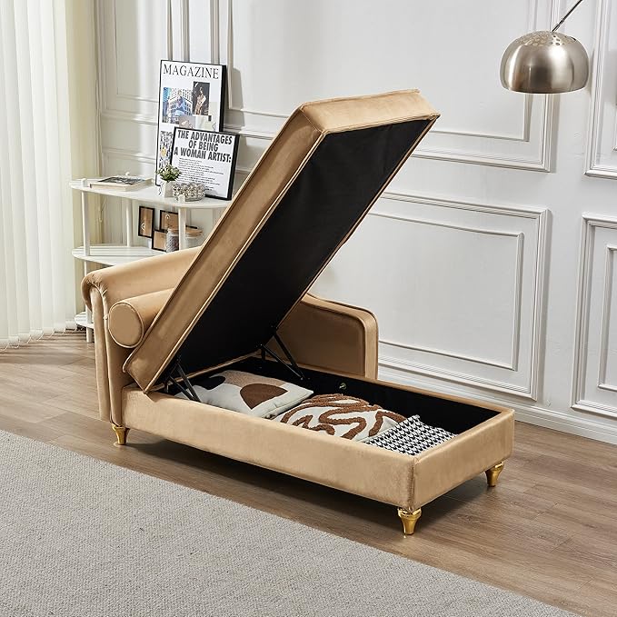 60.6 Modern Storage Chaise Lounge IndoorVelvet Upholstery Sofa Chair with1 Toss PillowsUpholstery Lounge Sofa with Gold Metal Legs for Small ApartmentLiving RoomOfficeReception AreaKhaki