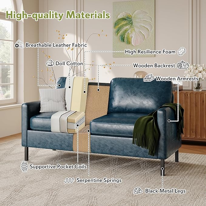 STHOUYN 57 W Faux Leather Loveseat w/ 2 USB Small Loveseat Sofa w/Side Pockets Wooden Frame Small Couch w/Metal Legs Office Mini Couch for Dorm Bedroom Apartment