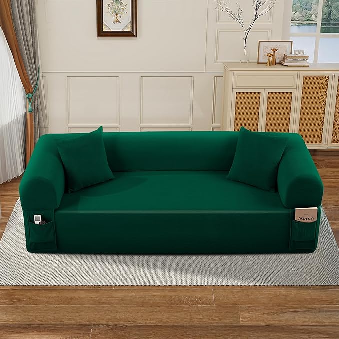 AC Pacific 3-Seater Sofa with Pillows &amp Storage – Low-Profile Hybrid Design Pocketed Springs &amp High-Density Foam Green Fabric Couch for Living Room Apartment Green