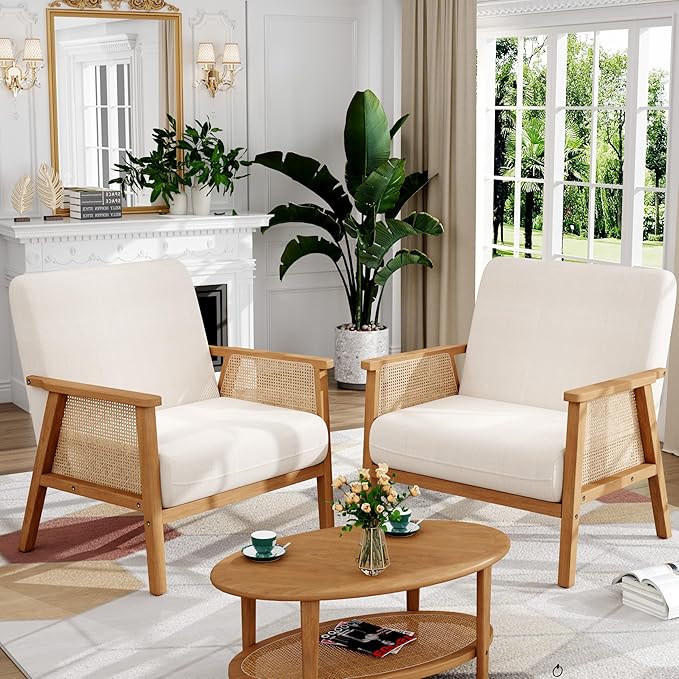 ALISH Mid-Century Modern Accent Chairs Upholstered Living Room Chairs Armchairs with Rattan Arms and Wooden Legs for Living Room Bedroom (Beige Set of 2)