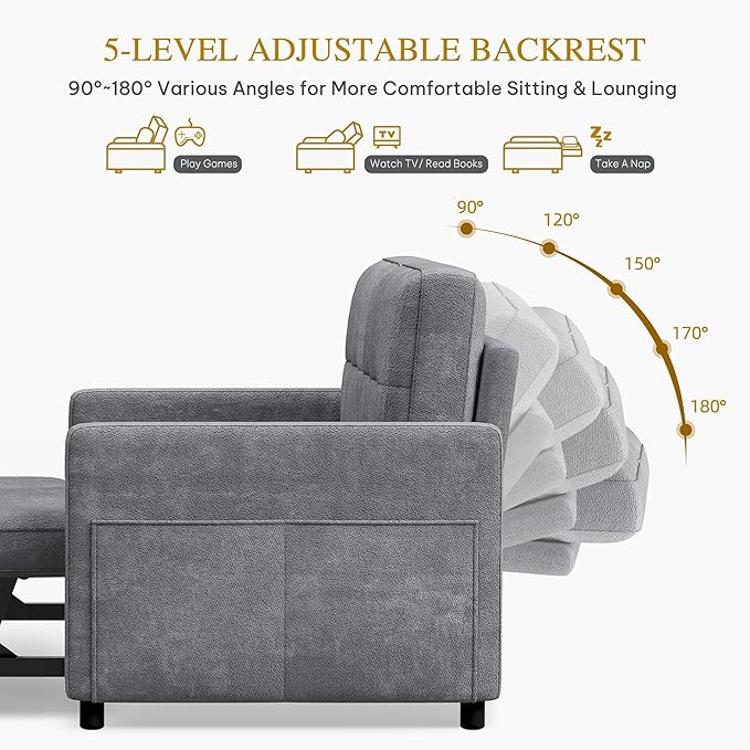 DWVO 55 Convertible Sofa Bed 3-in-1 Sleeper Sofa with Pull-Out Bed Velvet Futon Couch with Adjustable Backrest and USB Modern Loveseat for Living Room Apartment Light Grey