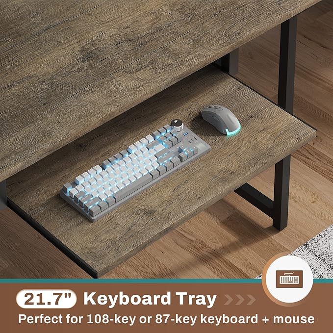 SEDETA L Shaped Desk 94.5 Inch Office Desk with Power Outlet &amp Pegboard L Shaped Desk with Led Light Keyboard Tray Storage Shelves and Headphone Hook for Home Office Walnut Brown