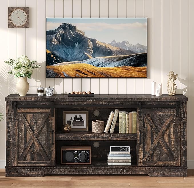 AMERLIFE 66 Farmhouse TV Stand for 75 Inches TVs Entertainment Center with Sliding Barn Door and Adjustable Shelf &amp Feet Console Table with Storage Dark Rustic Oak