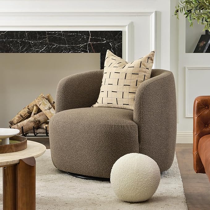 KINWELL 34 Wide Sherpa Swivel Barrel Chair No Assembly Round Boucle Upholstered Accent Chair Armchair Single Sofa Chair with Toss Pillow for Living Room and Bedroom Teddy Brown