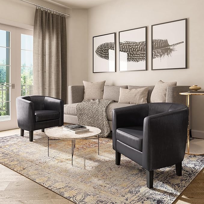 BELLEZE Accent Barrel Chair Set of 2 Linen Round Chair Club Tub Sofa Corner Chair with Flared Legs and Cozy Soft Padding for Living Room Bedroom Waiting Room - Brown