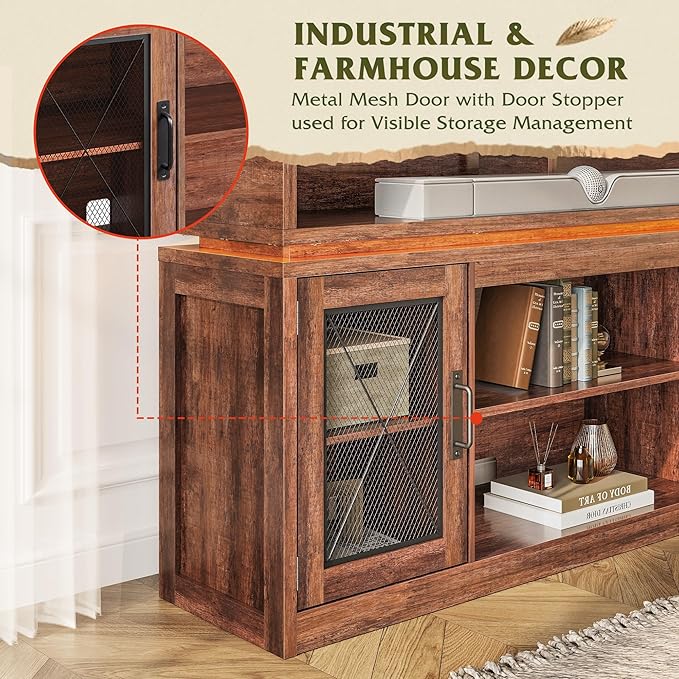 WLIVE Farmhouse TV Stand for TVs Up to 65 Inches Tall Entertainment Center with Storage Cabinets &amp LED Lights Media Console for Living Room Bedroom Home Theater Rustic Brown