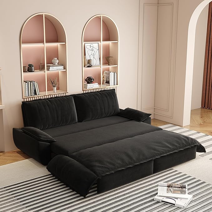 GNIXUU 73.2 Queen Pull Out Sofa Bed Velvet Convertible Sleeper Sofa Couch with 2 Soft Pillows Comfy Loveseat Bed Pull Out Couch for Living Room Apartment Small Space(Black)