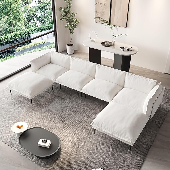 WJShome 147 Modern U-Shaped Couch for Living RoomVelvet Modular Sectional Sofa with Chaise4-Seater Sofa with 2 Ottomans with Removable Cushions and 8 High Metal Legs Easy to Clean Beige