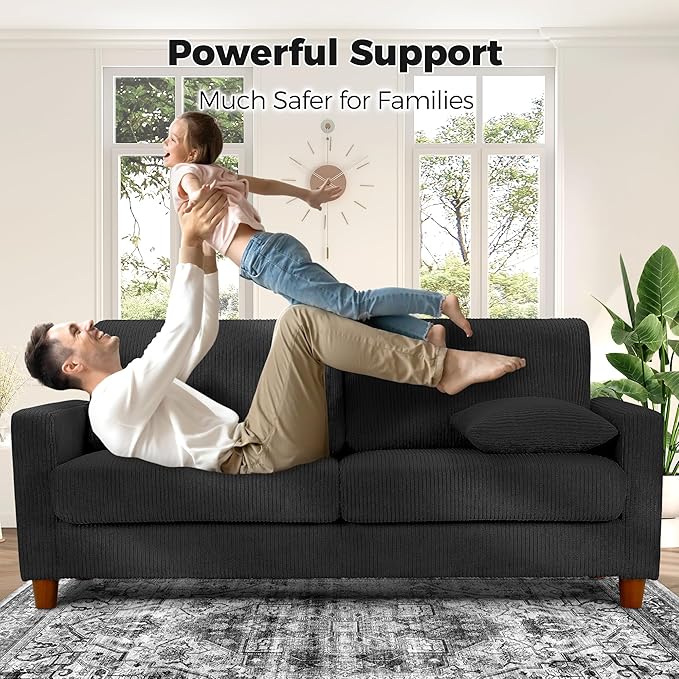 Kidirect 70in U Shaped Couch Modular Sofa No Tool Assembly Comfy Sectional Couches for Living Room 21in Deeper Seats Corduroy Sofas for Living Room with 2 Pillows Loveseat Sofa Set Black Couch |