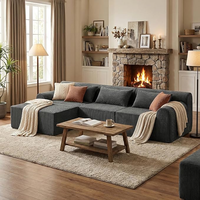 Oversize Boneless Couch for Living Room Comfort L Shaped Cloud Couch Sectional with Deep Seat and Movable OttomanModular Sectional Sofa with 5 PillowsNo Assembly RequiredGrey
