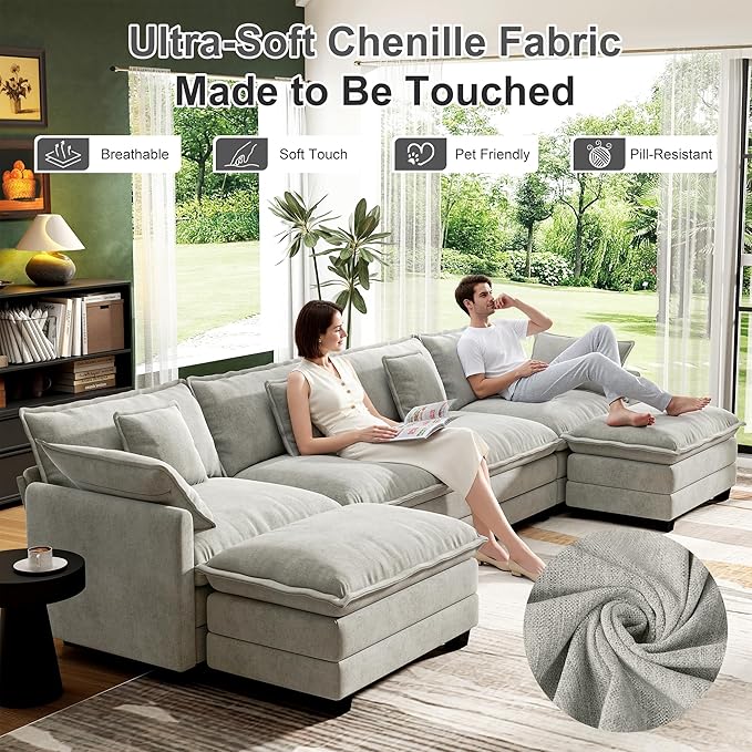 146 Cloud Couch Sectional U Shaped Modular Sectional Sofa 4-Seat Deep Seat Couch with 6 Removable Washable Pillows and 2 Ottoman for Living Room Bedroom Apartment Light Grey