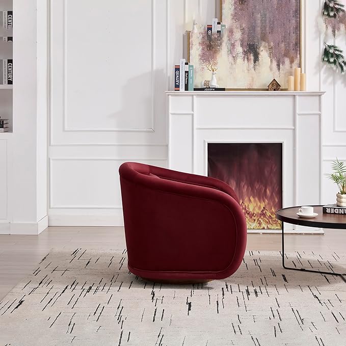 Swivel Accent Chair 360-Degree Rotating Barrel Chair with Soft Velvet Upholstery Comfy Pumpkin-Shaped Lounge Chair for Living Room Bedroom Office (Wine Red)