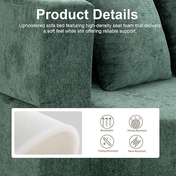 2 in 1 Convertible Sofa Bed 78.8 Modern Loveseat Sofa Couch Curved Folding Sleeper for Living Room Apartment Small Space No Assembly Required Green
