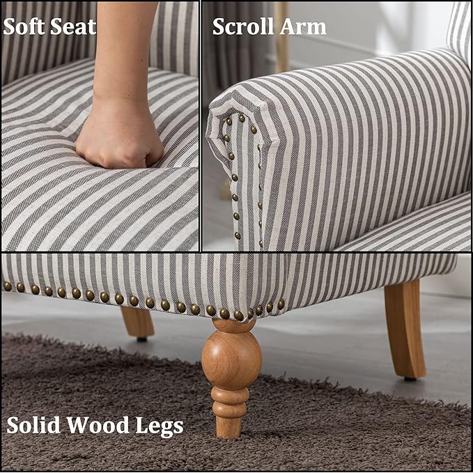 Black Striped Linen Fabric Accent Chair Modern Farmhouse Upholstered Armchair with Nailhead Trim &amp Ball Turned Wood Legs Cottage Club Chair for Living Room Bedroom Guest Room
