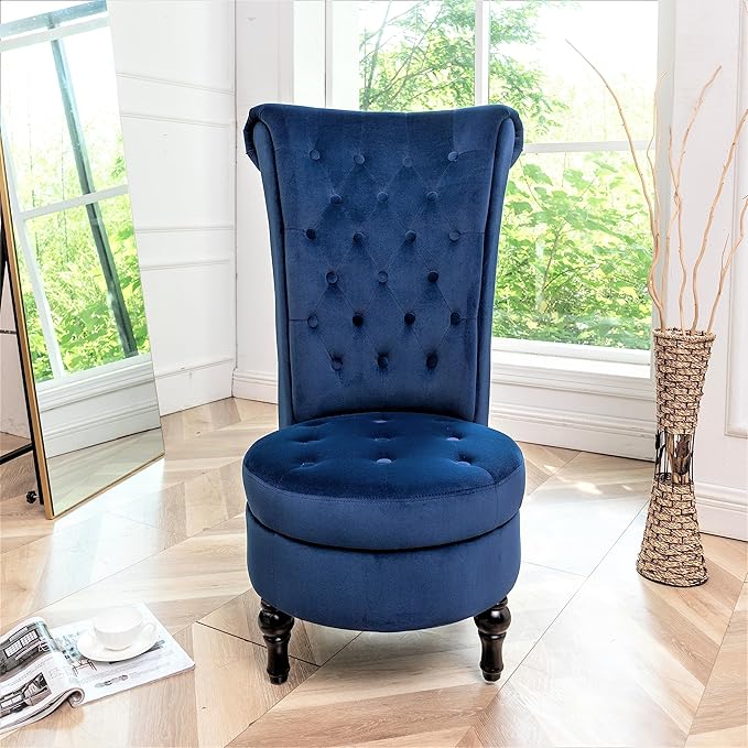 Royal High-Back Velvet Accent Chair for Vanity with Storage and Luxurious Upholstery Retro Design and Versatile Usage for Living Room Bedroom Lounge and Office Dark Blue