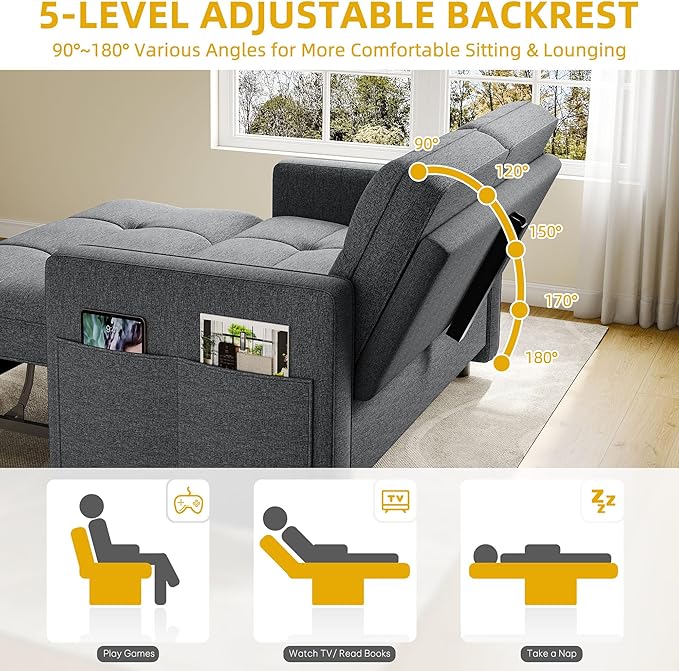 YITAHOME 55 Convertible Sofa Bed 3-in-1 Pullout Sofa Linen Sleeper Sofa with Reclining Backrest and Side Pocket Modern Futon Couch for Living Room Bedroom Apartment Grey