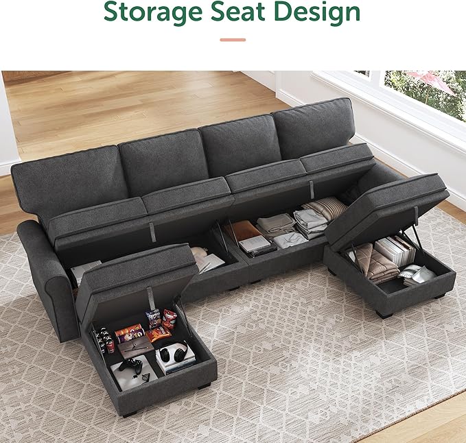 HONBAY Sectional Sofa with Storage Seat U Shaped Couch with Reversible Chaise Convertible Sectional Couches for Living RoomDark Grey