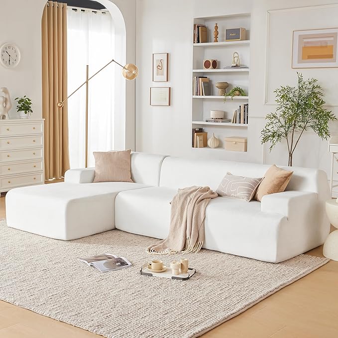 107 Modular Sectional Cloud Couch Boneless couches Sponge sectionals for Living Room High Density Sponges Sofa Modular L-Shape with Chaise White