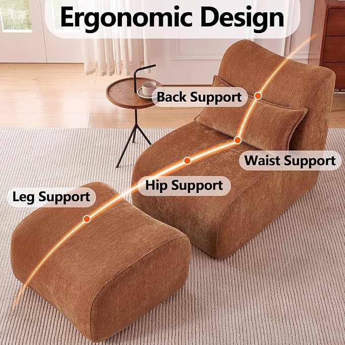 27” Oversized Lazy Sofa Chair and Ottoman Set Chaise Lounge Chair Indoor with Pillows Comfy Reading couch for Adults Suitable for Living Room Small Spaces Memory Foam Chenille (Orange-2)