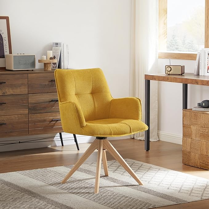 Art Leon Mid Century Modern Desk Chair - Fabric Upholstered Office Chair No Wheels Swivel Armchair with Oak Wood Legs for Small Space Living Room Bedroom Set of 2 Yellow