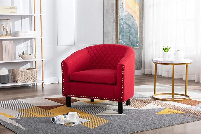 Accent Barrel Chair Living Room Chair with Nailheads and Solid Wood Legs Red Linen