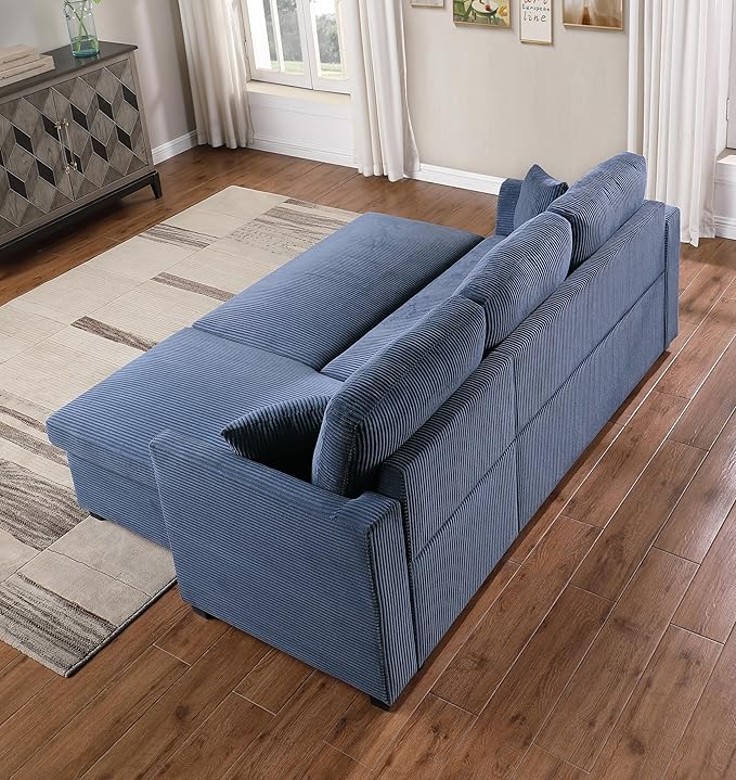 BEEY Sleeper Sofa 82 Corduroy Sectional Sofa Bed with Storage Chaise Convertible L Shaped Sofa Couch with Pull Out Bed for Bedroom Living Room Apartment Blue