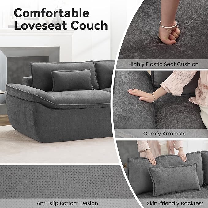 89 Cloud Boneless Loveseat Sofa Couch Deep Seat Love Seat Sofa with Lumbar Pillow 2-Seater Compressed Couches for Living Room Chenille Grey