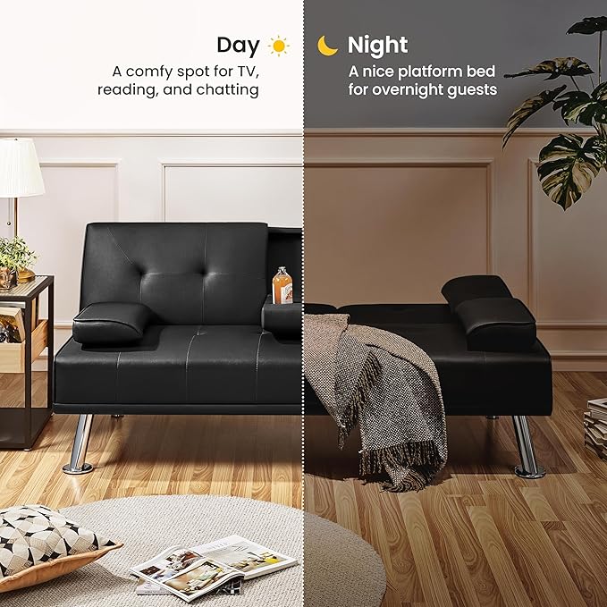 Futon Sofa Bed Modern Folding Couch for Small Space Faux Leather Convertible Loveseat Sleeper Bed Daybed Recliner Lounge Sofas for Living Room2 Cup HoldersMetal LegsRemovable Armrests (Black)