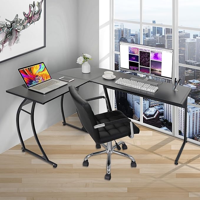 Modern L-Shaped Home Office Desk with Round Corner Computer Desk Gaming Writing PC Laptop Workstation with Solid Steel Frame Desktop (Black)