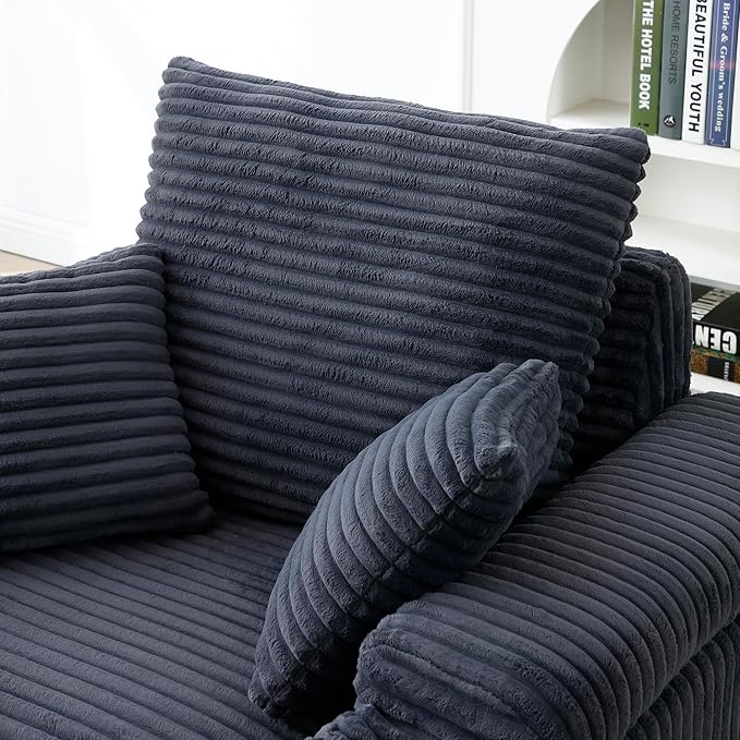 43.3 W Oversized Corduroy Chaise Lounge Chair Comfy Sleeper Sofa with Cup Holder and Storage Ottoman 3 Throw Pillows Included Deep Seat Upholstered Reading Chair for Living Room (Gray)