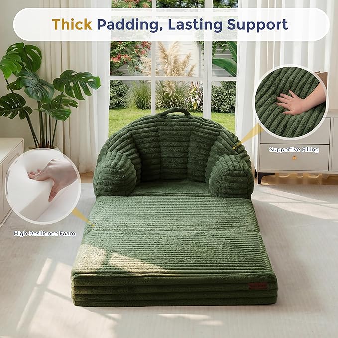 MAXYOYO Folding Sofa Bed 2 in 1 Convertible Sofa to Lounger Comfy Faux Fur Bean Bag Chair for Adults Floor Single Sleeper Couch Chair with Handle Couch Bed for Living Room Bedroom Dark Green