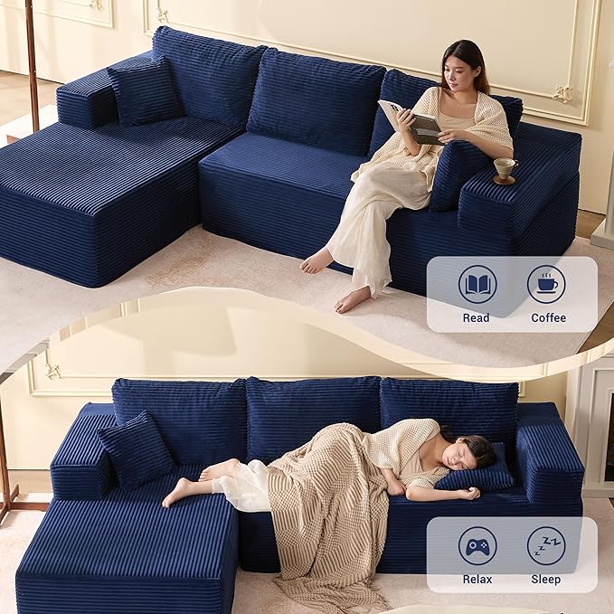 107 Boneless Couch with Deep Seat Set of Modular Sectional Sofa Cloud Sectional Couch for Living Room No Assembly Required Corduroy L-Shape Left Blue
