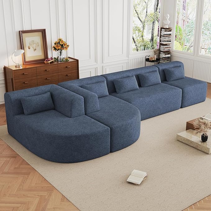 Modern 143.7 Upholstered Sectional SofaFree-Combined Sofa Couch with Two Chaise Lounge and Five Back Pillowsfor Living Room Bedroom (Blue#4)