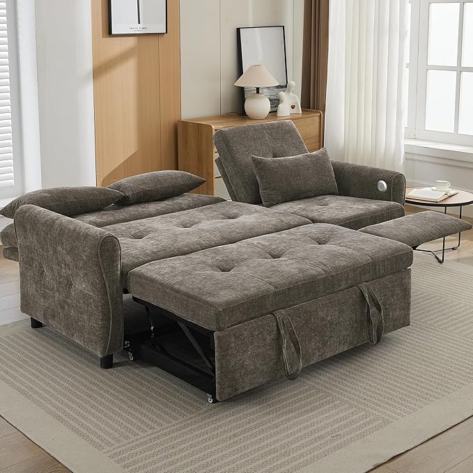 ERYE L-Shaped Reversible Recliner Sectional Sofa Chenille Upholstered Pull Out Convertible Sofabed with Pull Out Sleeper Couch Bed and Recliner Chaise Lounge and USB-C Ports