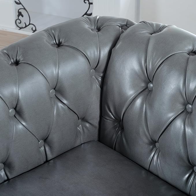 Leather Chair Living Room Single Sofa Medieval Retro Tufted Cushion Accent Sofa Chair with Rolled Arms and Nailhead Cigar Chair for Bedroom Office Apartment Club Chairs (Grey)