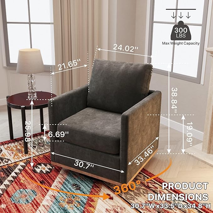 Chenille Swivel Chair 30.7 W Modern Accent Upholstered Chair Single Sofa Armchair for Office Living Room Bedroom Dark Grey.