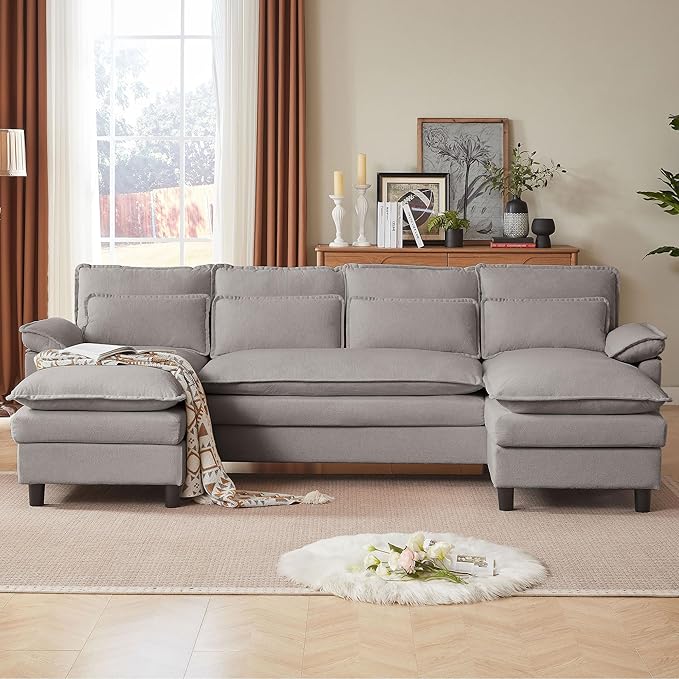 Convertible Sectional Sofa 104 U Shape Cloud Couch Comfy Couches with Double Chaise and Sleepable Armrests 4 Seats Sectional Sofa for Living Room Light Grey