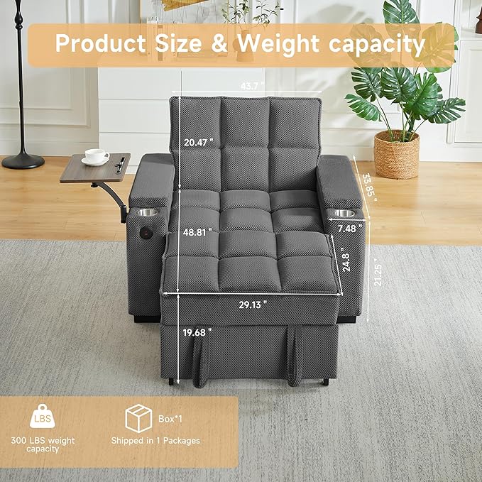 Large Size Convertible Sleeper Chair Futon Sofa Bed Comfortable thick cushion Single Sleeper Sofa Handheld storage and Adjustable Backrest | Reading Chair with Rotating small table (dark gray)