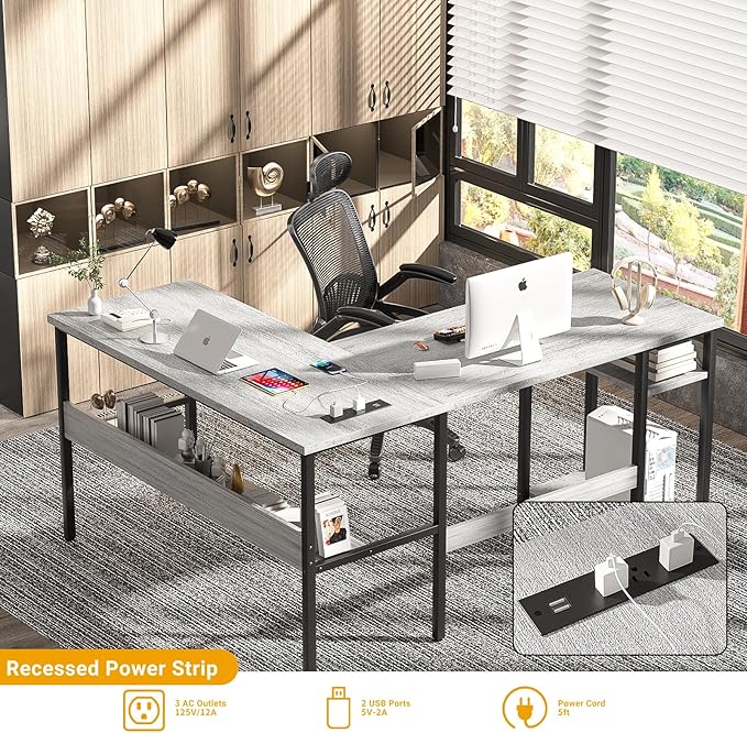 Unikito L Shaped Computer Desk with Magic Power Outlets and USB Charging Ports Sturdy Reversible Corner Desk with Storage Shelves Modern Work Desk for Home Office Easy to Assemble White Oak