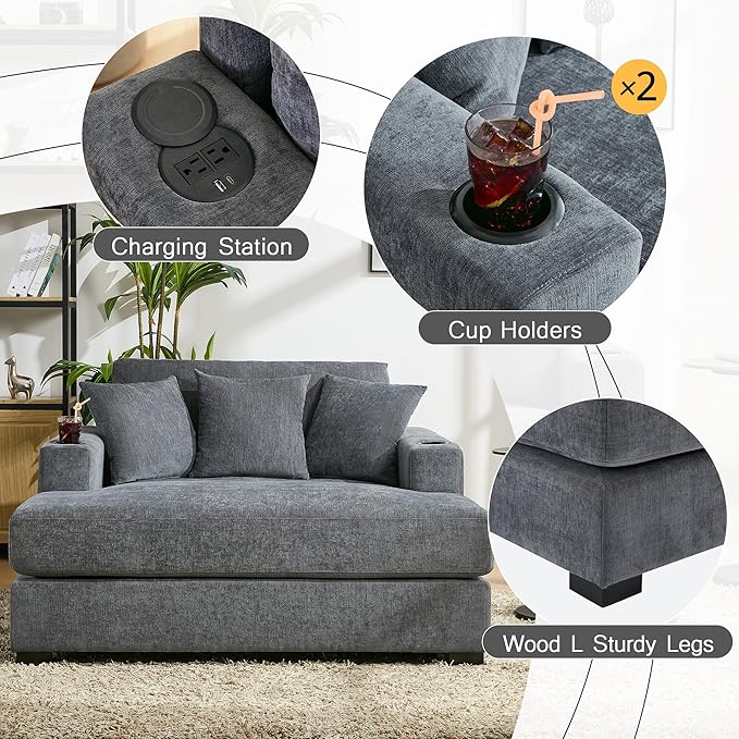 Oversized Chenille Fabric Chaise Lounge Chair Indoor 55 Oversized Chaise Lounger Modern Style Sofa Couch With Pillows Charge Station &amp Cup Holders For Living Room Office (Blue Gray 55)