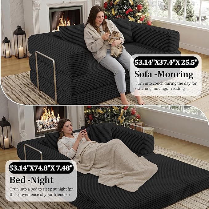 4-in-1 Foldable Sofa Bed Teddy Foam-Filled Compressed Couch Loveseat Sofa Boneless Foldable Convertible Sleeper Sofa Couch for Space Saving Living Room Guest Bed Playroom (Black 53.15Double Sofa)