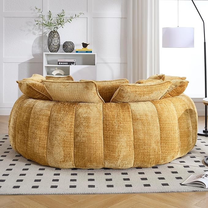 81 Oversized Boneless Round Chaise Lounge Bean Bag Chair Comfy Chenille Reading Chair Fluffy Plush Sofa Bed Large Deep Seat Circle Cloud Couch for Living Room/Apartment/Bedroom Yellow