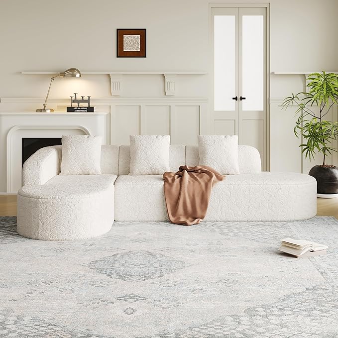 111.8' Curved Sectional Cloud Sofa Modern L Shaped Couch with Chaise &amp Pillows Comfy Upholstered Deep Seat Compression Boneless Sofa for Living Room Office No Assembly Required Left Facing Wh